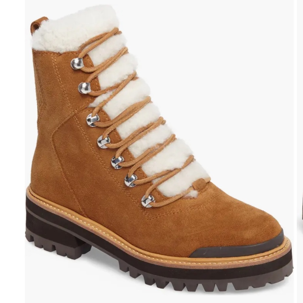 Marc Fisher LTD Izzie Genuine Shearling Lug Sole Boot New in Box Brown Suede 7M